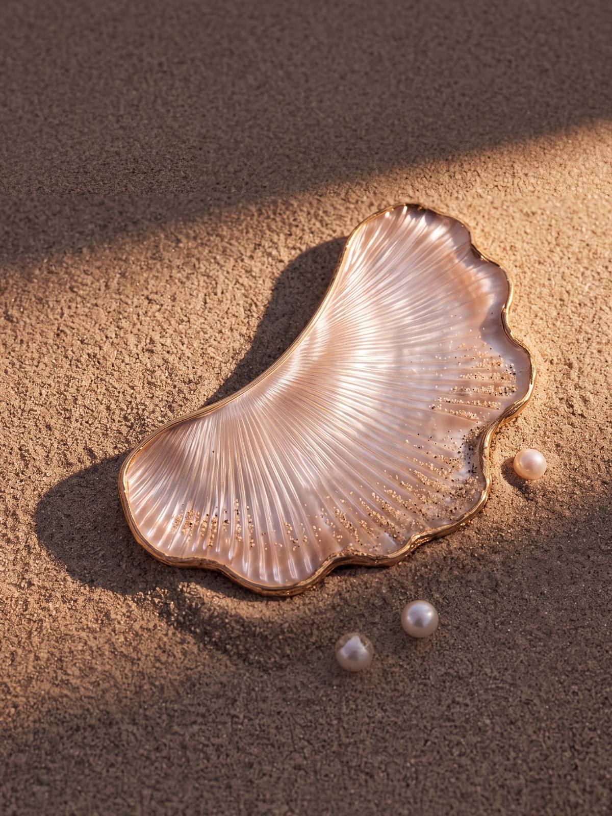 Shell-shaped patch resting in sunlit sand