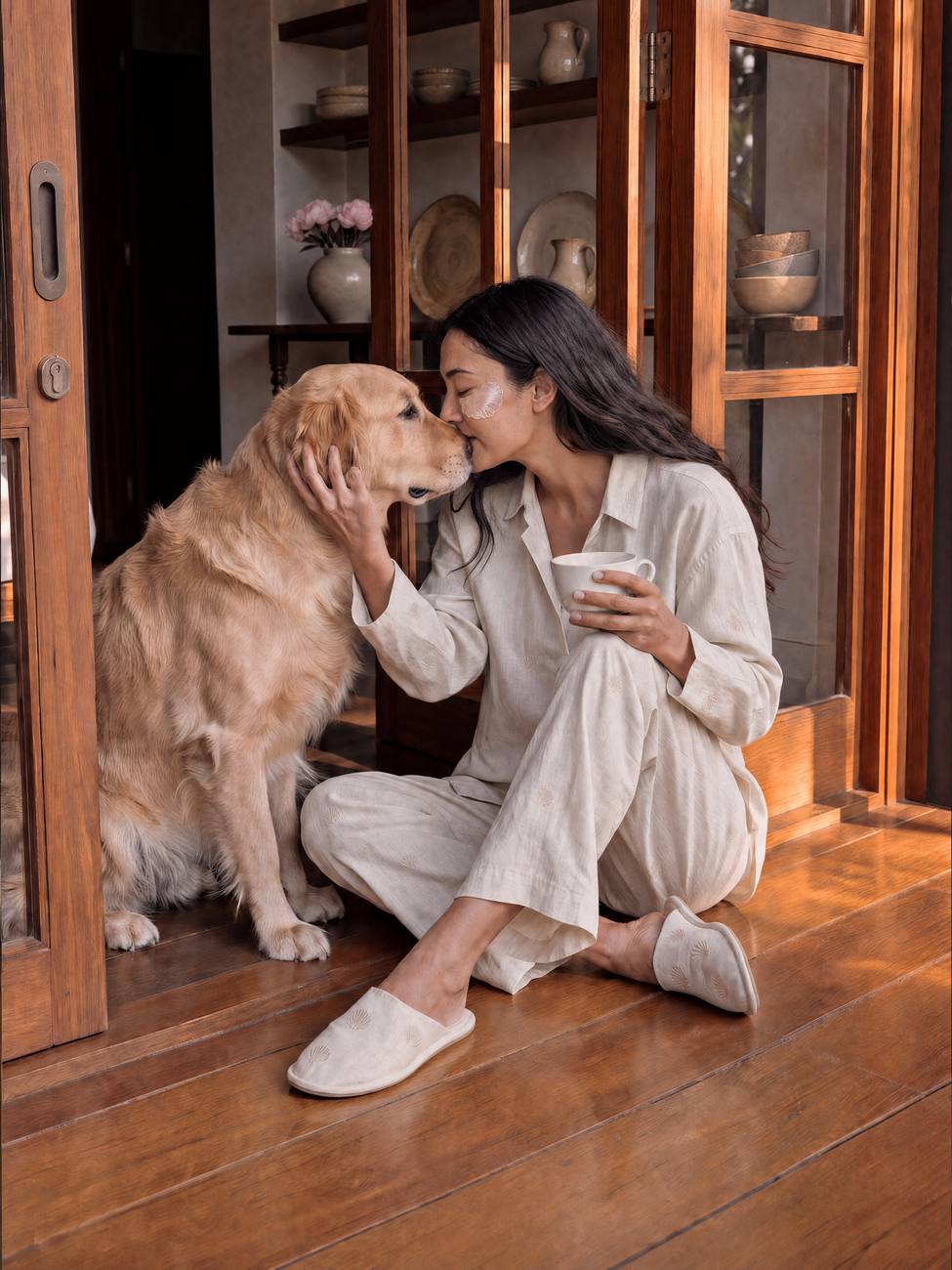 Woman with her dog and coffee at an open door